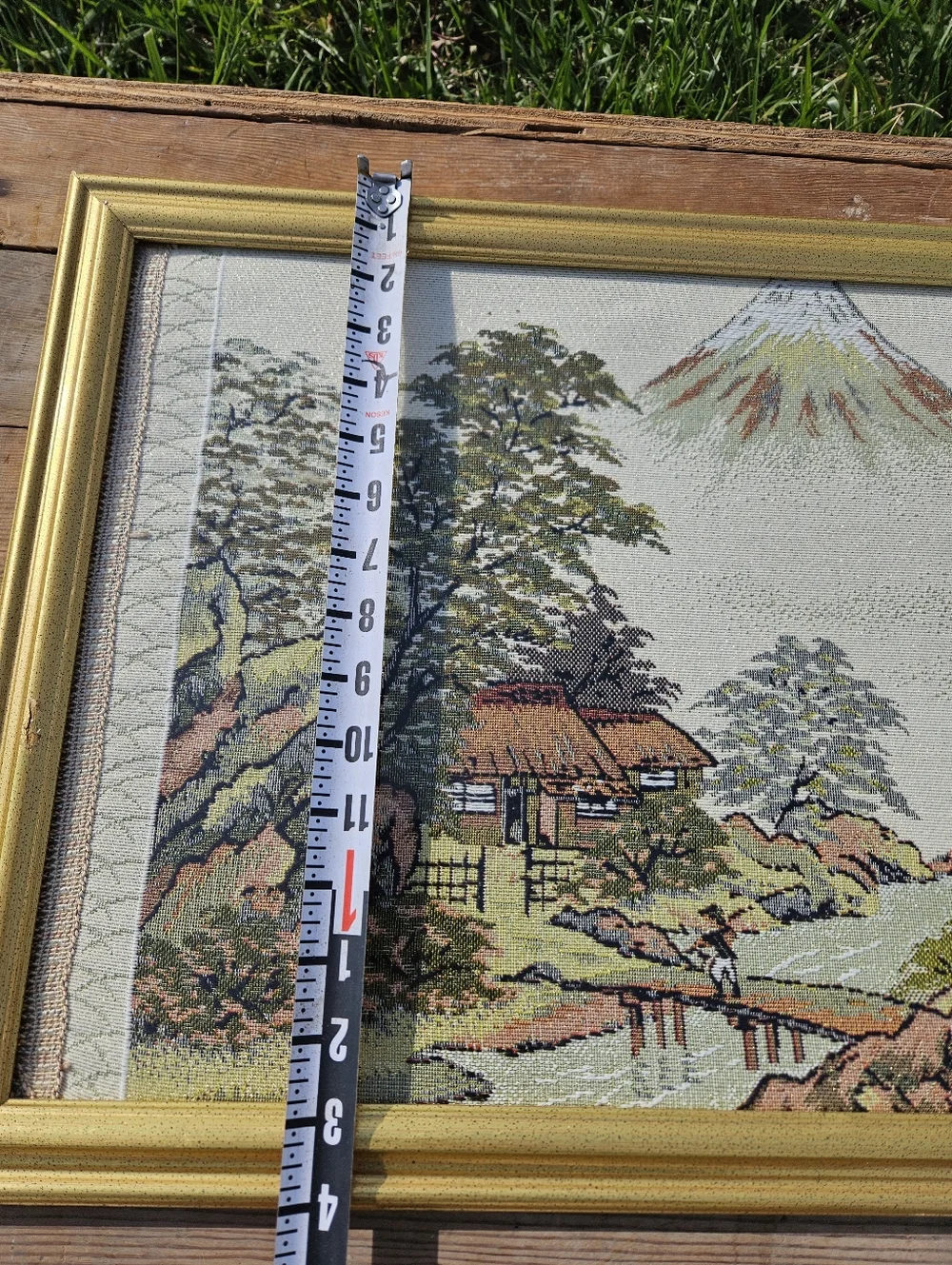 VINTAGE Japanese Tapestry Mt Fuji Landscape Framed Woven Art Garden Scene Japan